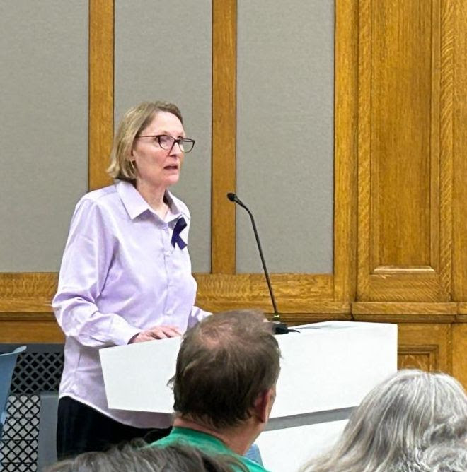Linda Ketcham, Executive Director of Just Dane speaks as a part of organized testimony from local faith leaders at the Madison Common Council on April 16.