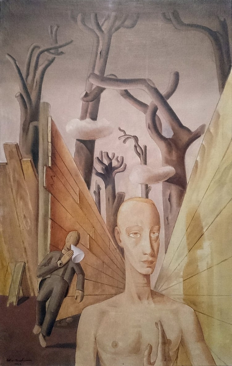 In this painting by Felix Nussbaum, replete with drab shades of gray and brown, we see the truncated branches of trees and a narrow boarded alleyway. Despite the atmosphere of menace and death, the ashen figure of a young man in the foreground (his expression stoic, even calm) seems to promise redemption. He points to his naked torso in the characteristic gesture of a martyr. A faceless, doll-like figure pursues him from behind with a megaphone.