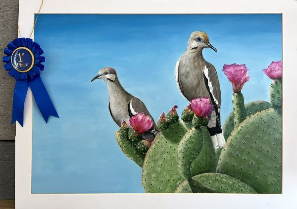 Painting of two doves on cactus