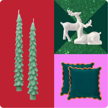 Green candles, reindeer statues, and pillows