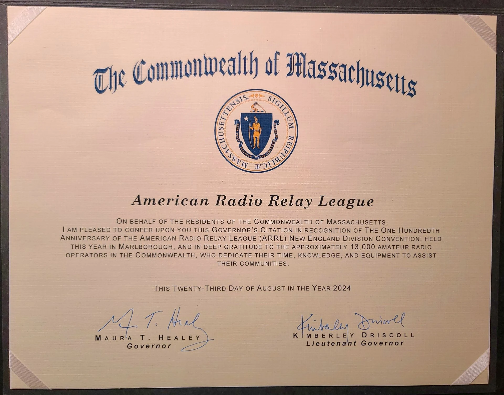 Massachusetts Governor Citation ARRL New England Division Convention 100th Anniversary 2024