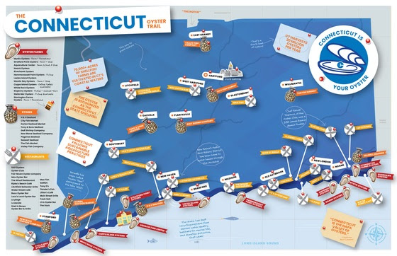 Map of Connecticut detailing a trail of places to visit on the Connecticut Oyster Trail