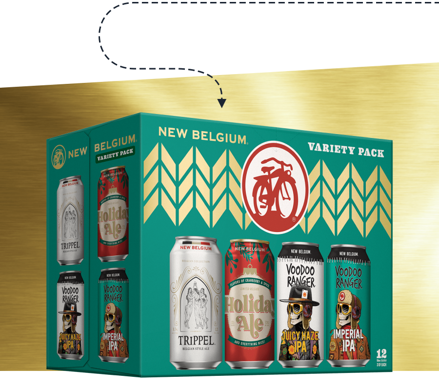 A graphical user interface displaying a variety pack of New Belgium beverages, featuring several types of beer including Tripel, VooDoo Ranger, and Juicy Maze. The design includes the brand name “New Belgium” prominently at the top and lists various flavors in a colorful layout on a tin can against an indoor background.