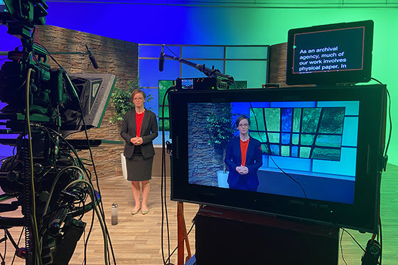 Ashley Boggan, top executive of the United Methodist Commission on Archives and History, speaks in a video being produced by United Methodist Communications. Photo by Stacey Hagewood, United Methodist Communications.