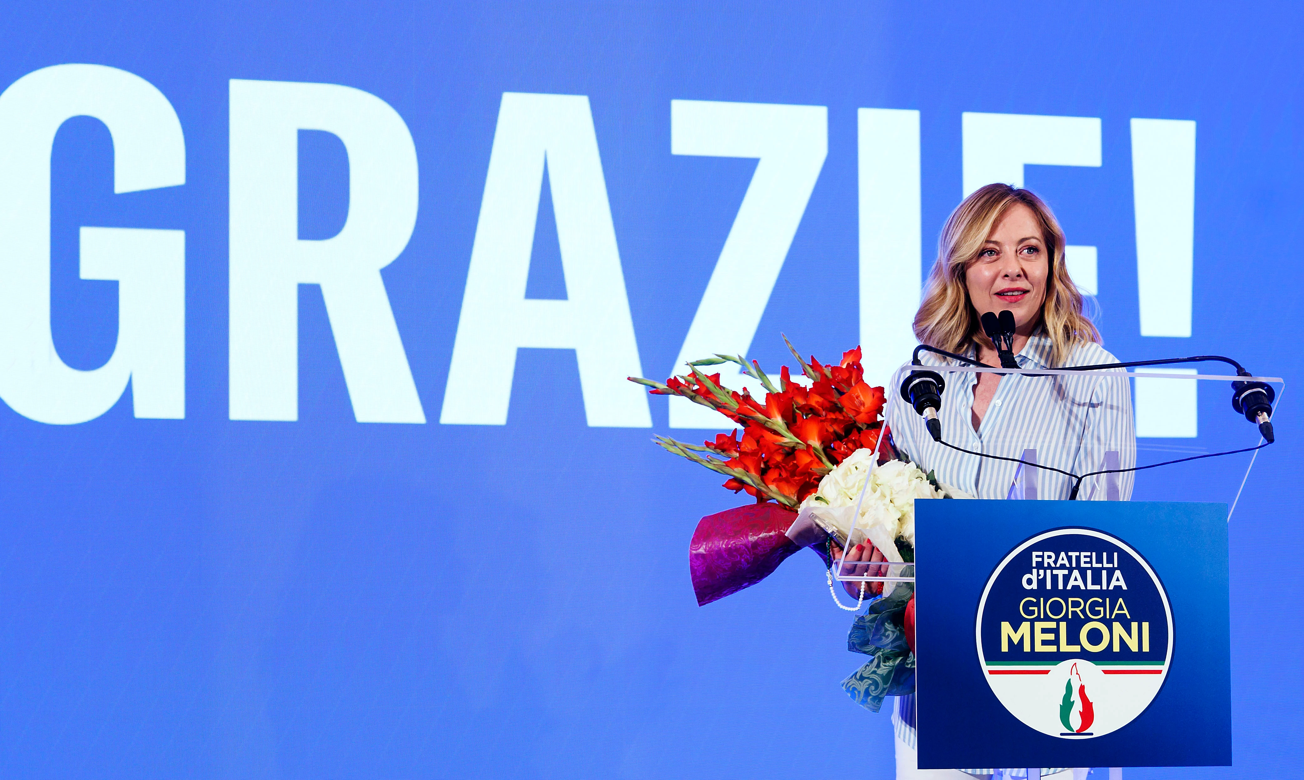 Italian Prime Minister Giorgia Meloni speaks about the results of the European Parliamentary elections on Monday.  (Roberto Monaldo/LaPresse via AP).