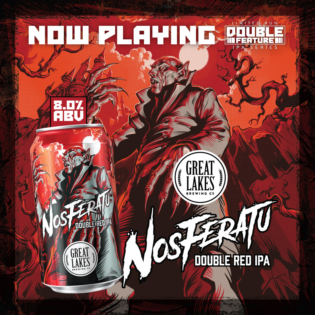 Nosferatu Double Red IPA 12 oz. Can laid over the label art, with the ABV (8%) and packaging series (Double Feature IPA Series) listed.