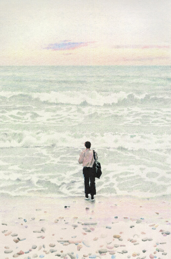 An illustration shows a figure with a bag over one shoulder standing in front of the sea.