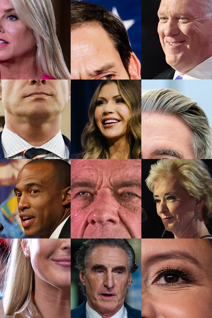 A grid of headshots of a dozen members of President-elect Trump’s proposed cabinet. 