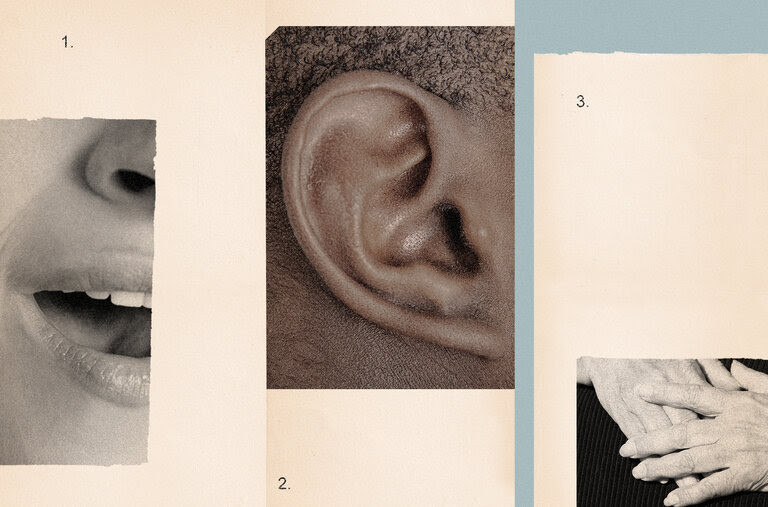 a photo collage; on the left is part of a woman's mouth open and her nose; the number one is typewritten above it; an ear is in the middle; the number three is typewritten below it; two hands are in the lower right; one over the other; the number three is typewritten above it; the background is tan and there is a strip of light blue paper collaged on the right side