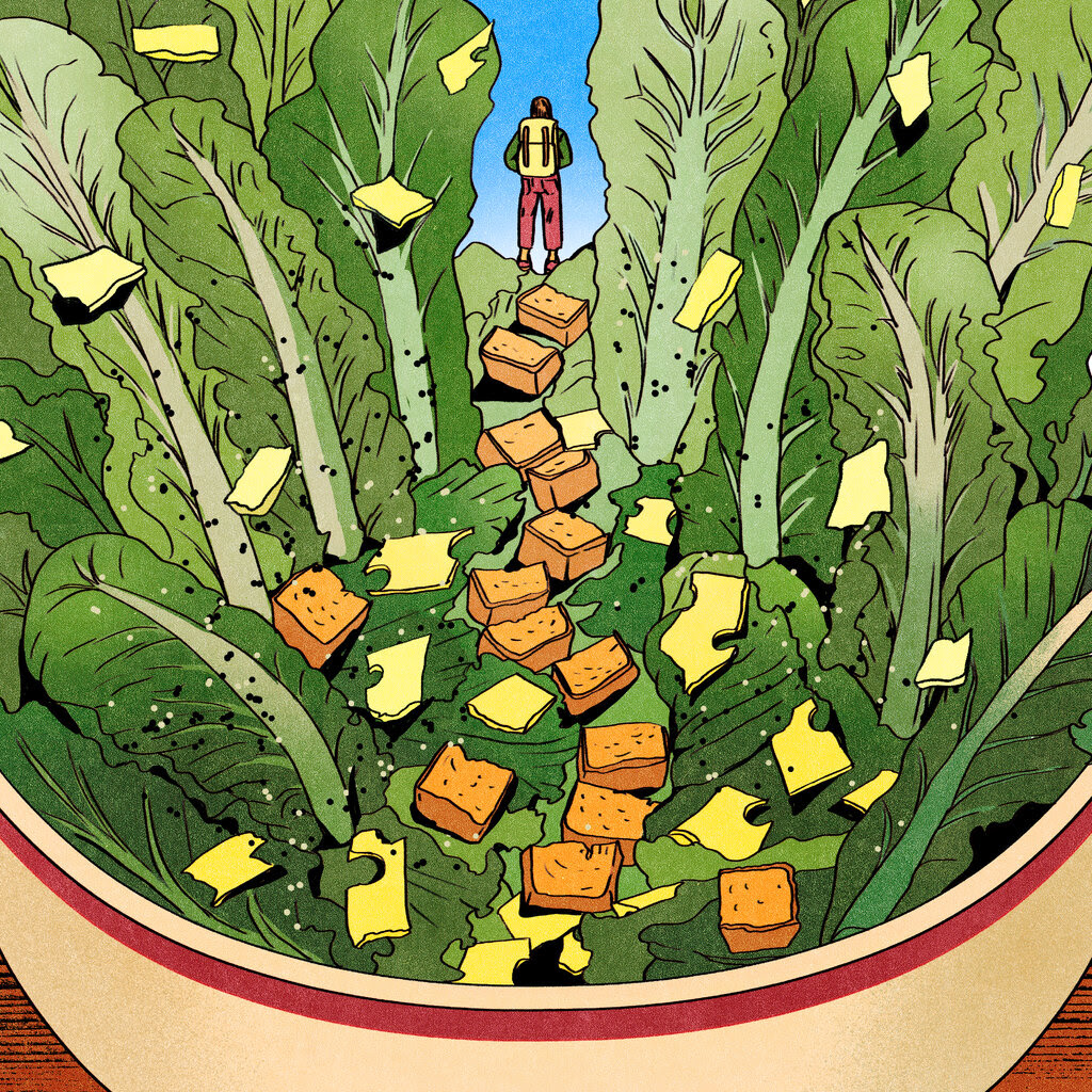 In an illustration, a leafy salad is made to look like a forest, with lettuce rising like trees. A hiker stands at the end of a trail composed of croutons.