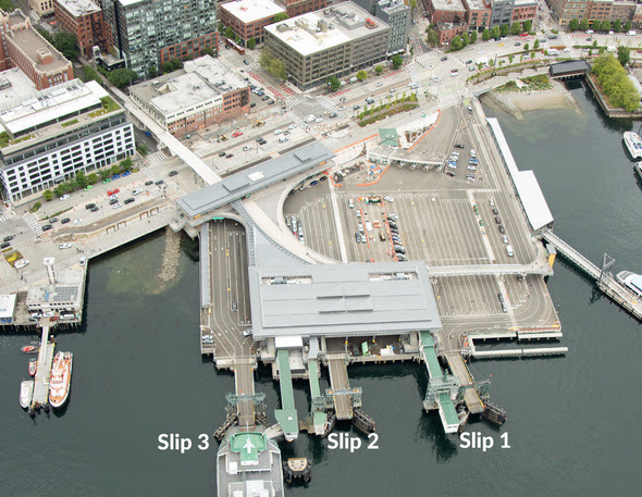 Aerial view of Colman Dock in Seattle with slip 1, 2 and 3 labeled 