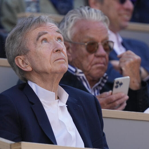 LVMH luxury group CEO Bernard Arnault watches the men's final match of the French Open tennis tournament between Germany's Alexander Zverev and Spain's Carlos Alcaraz at the Roland Garros stadium in Paris, Sunday, June 9, 2024. (AP Photo/Thibault Camus)