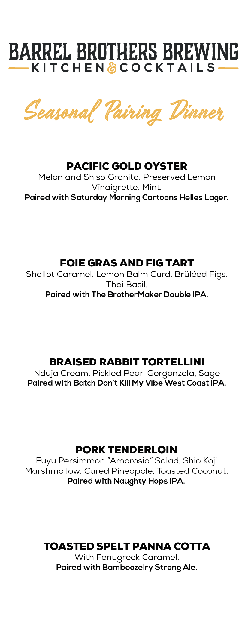 Barrel Brothers Brewing Seasonal Pairing Dinner Menu