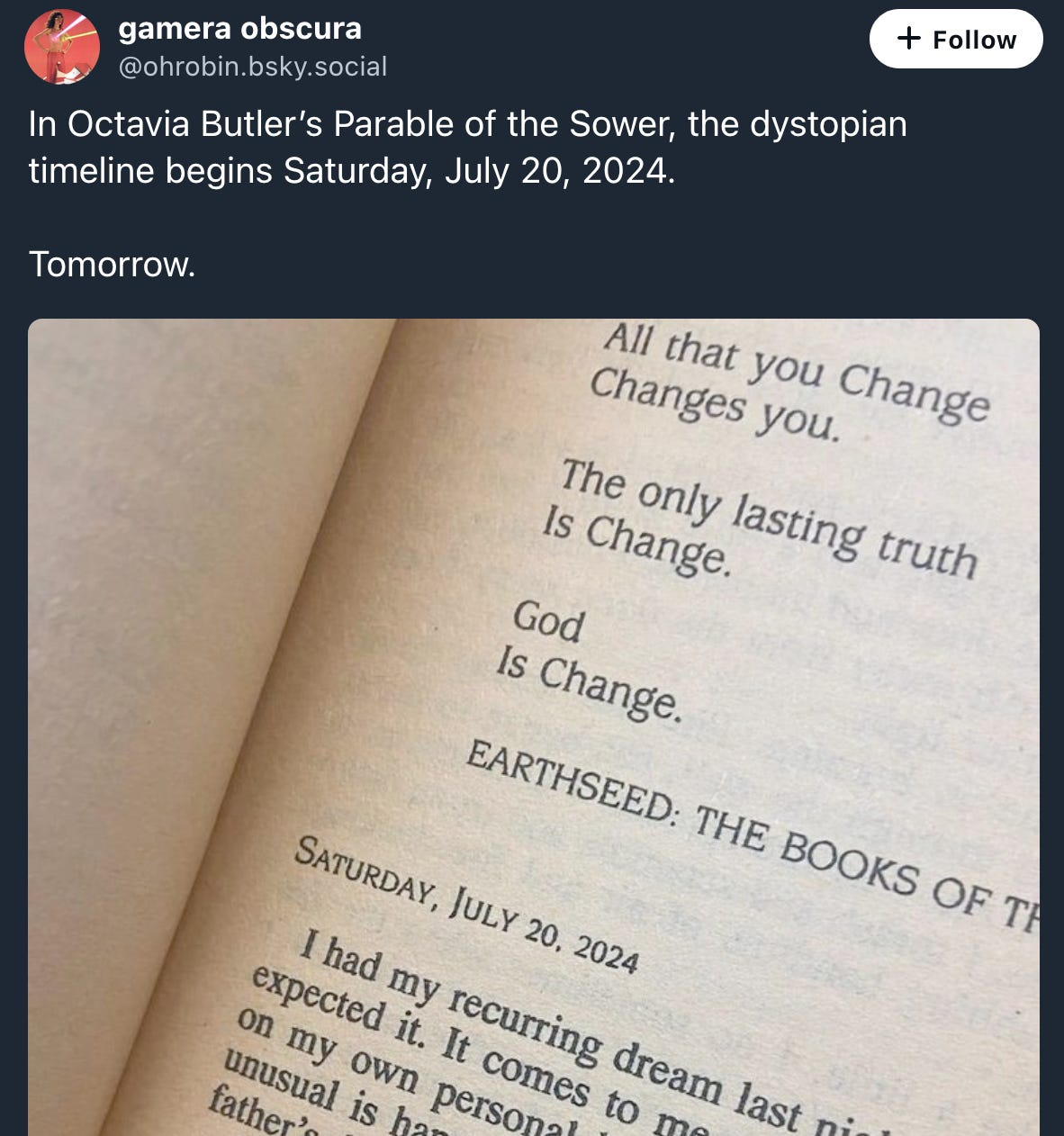 screenshot of the first paragraph from Octavia Butler Parable of the Sower