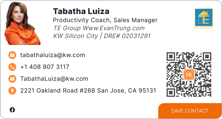This is Tabatha Luiza's card. Their email is tabathaluiza@kw.com. Their email is TabathaLuiza@kw.com. Their phone number is +1 408 807 3117.
