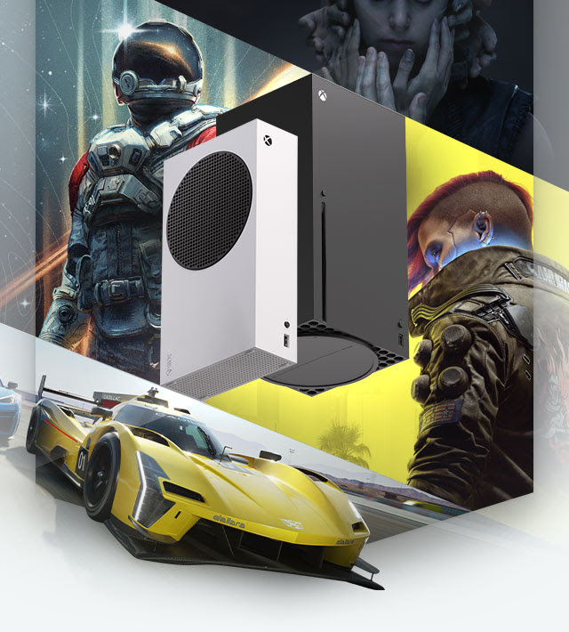 An Xbox Series X and Series S in front of scenes from Cyberpunk, Forza Motorsport, Starfield, and Hellblade.