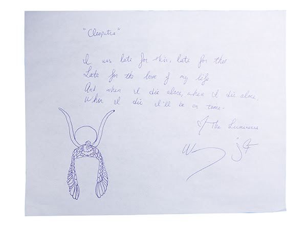 Lumineers’ signed Cleopatra partial lyrics written out by hand