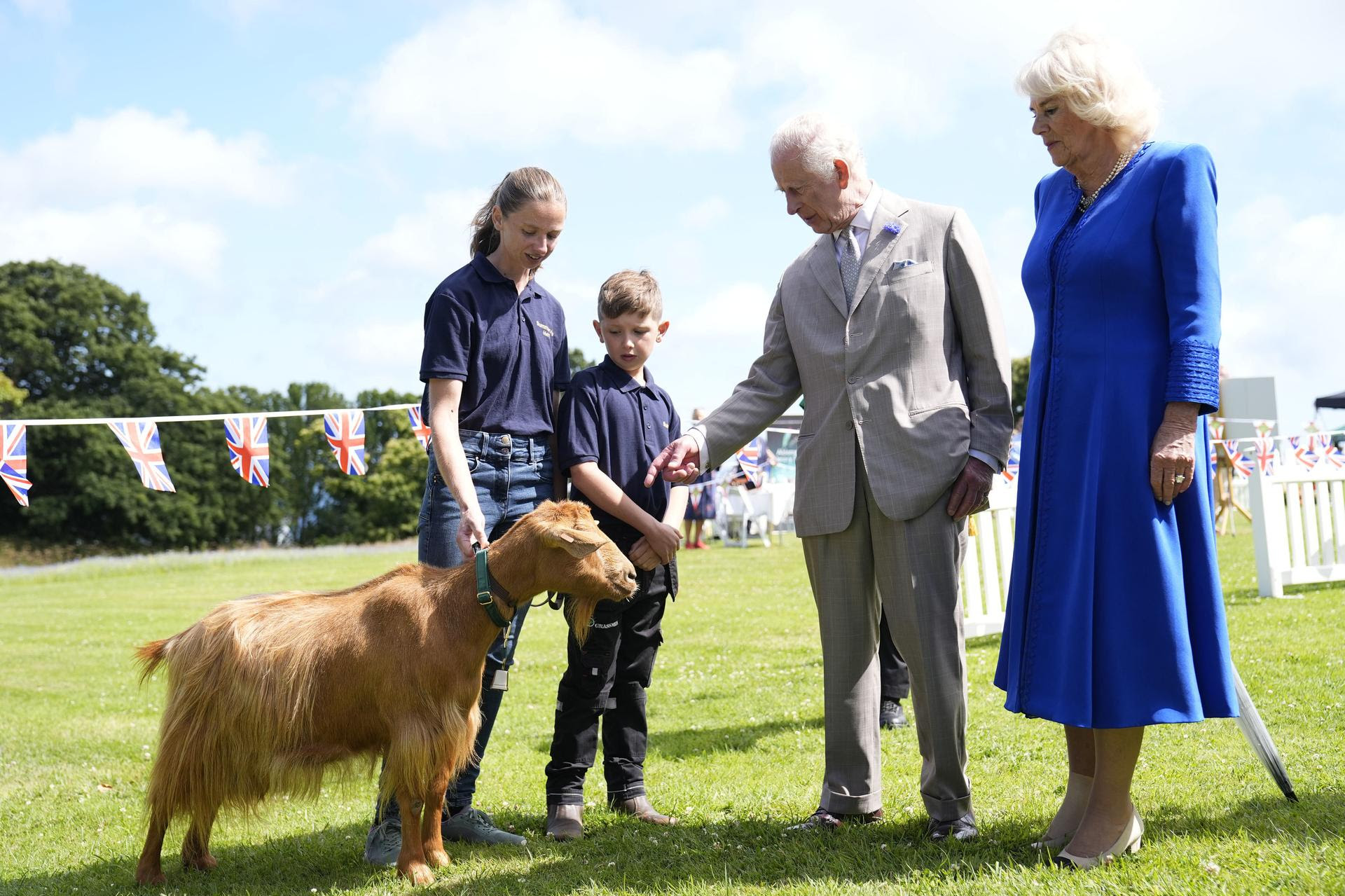 King Charles III, and Queen Camilla view a rare Golden Guernsey Goat.