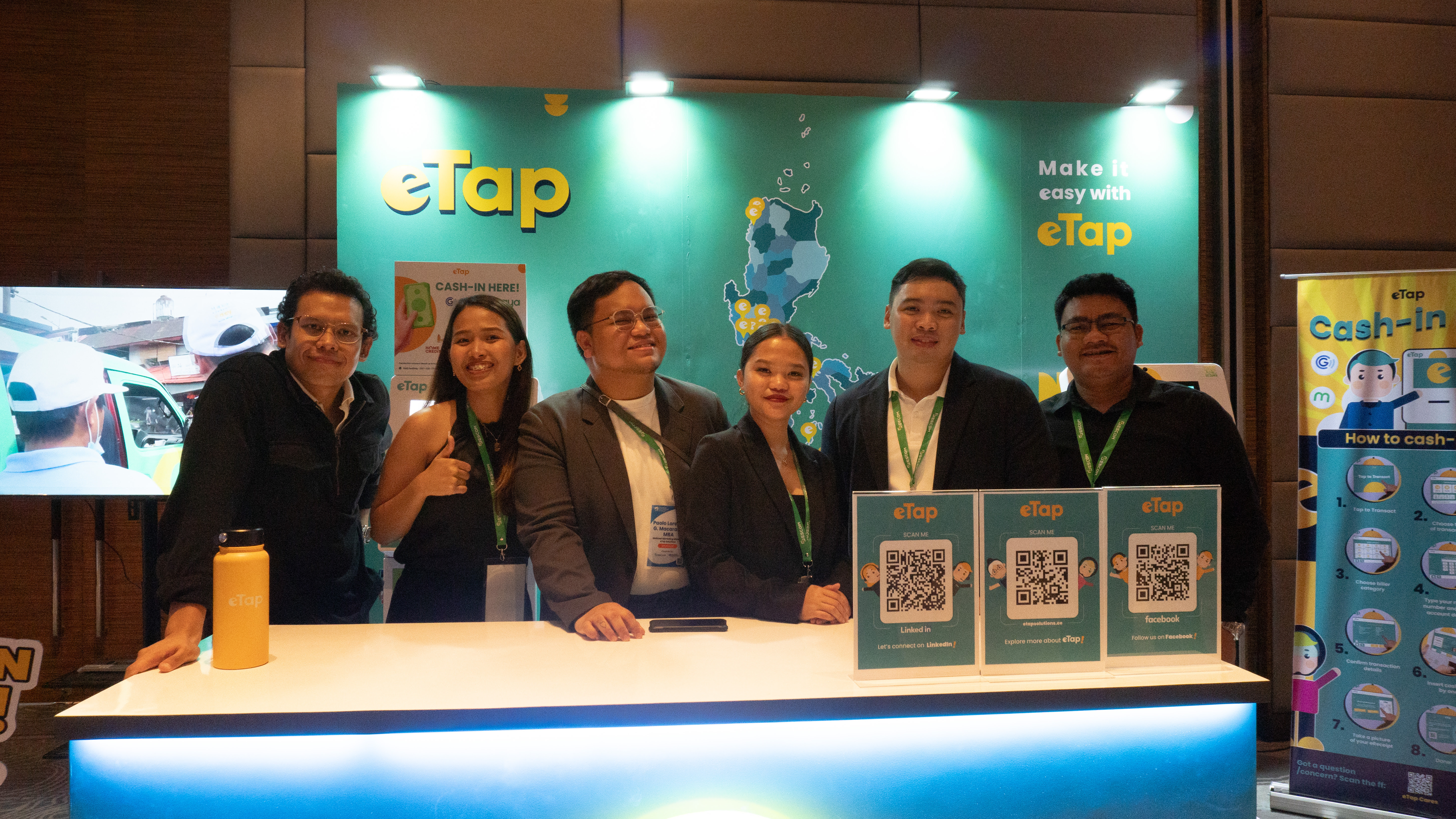 [L-R]  - eTap representatives Carlo C. Hernandez/President & CEO, Gabrielle Rubio/Finance Manager, Paolo Lorenzo Macaraeg/Brand Manager, Erica Natividad/Marketing Supervisor, Reinier Allan Cruz/VP for Finance and Operations and Joe Muldera/Business Development Manager