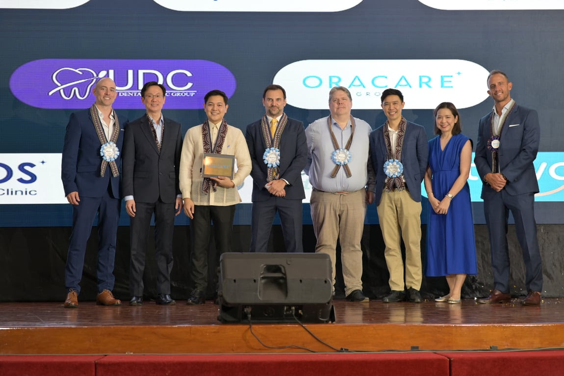   Leaders of the dental brands in the Oracare family at the Oracare-UDC celebration event on 27 October 2023 in Manila, the Philippines.From left: Dr Matt Thompson, Co-founder and Clinical Director – Expat Dental; Leon Luai, Co-founder and CEO – Oracare Group; Dr Charlston Uy, Founder and CEO – UDC; Andy Cropp, Co-founder and Chief Financial Officer – Oracare Group; Nick Watkins, Non-Executive Chairman – Oracare Group; Dr Adisorn Hanworawong, Founder and CEO – MOS Dental; Dr Paega Jarungidanan, Clinical Director – MOS Dental; Dr Shaun Thompson, Founder and Managing Director – Expat Dental.  