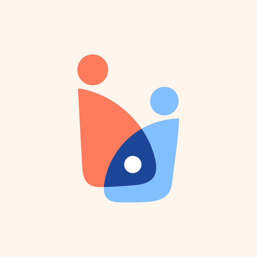 An orange and blue overlapping figure with a small white circle between them, symbolising a midwife's care