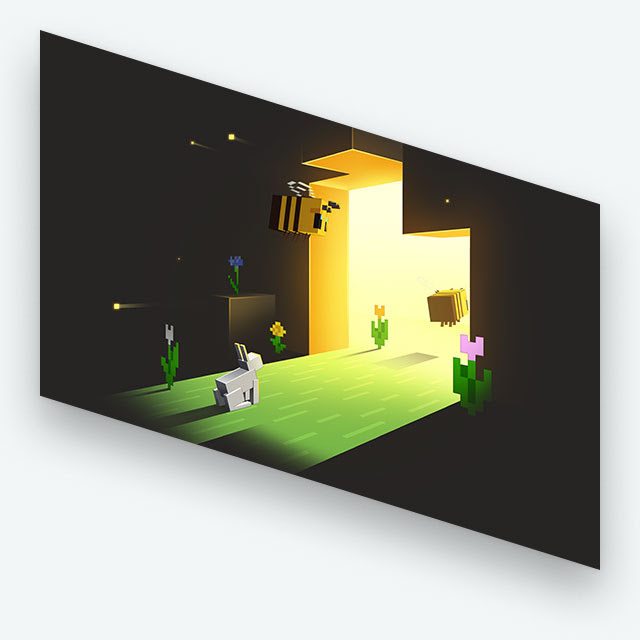 Minecraft Marketplace key art depicting two bees flying through a back-lit hole in a wall adjacent to a rabbit in a field of flowers.
