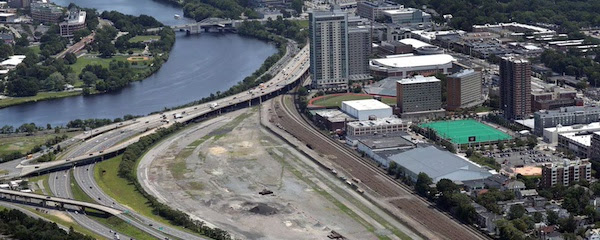 a view from above of the I-90 area in allston, showing an elevated portion that would be returned to ground level