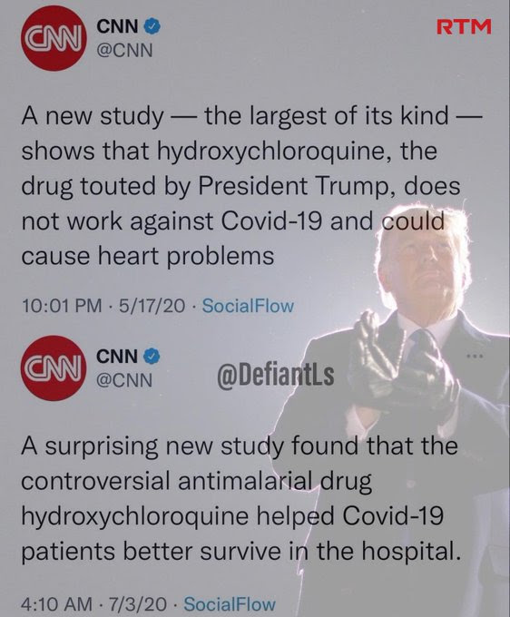 Hypocrite CNN says HCQ drug is no goo then says it works great.