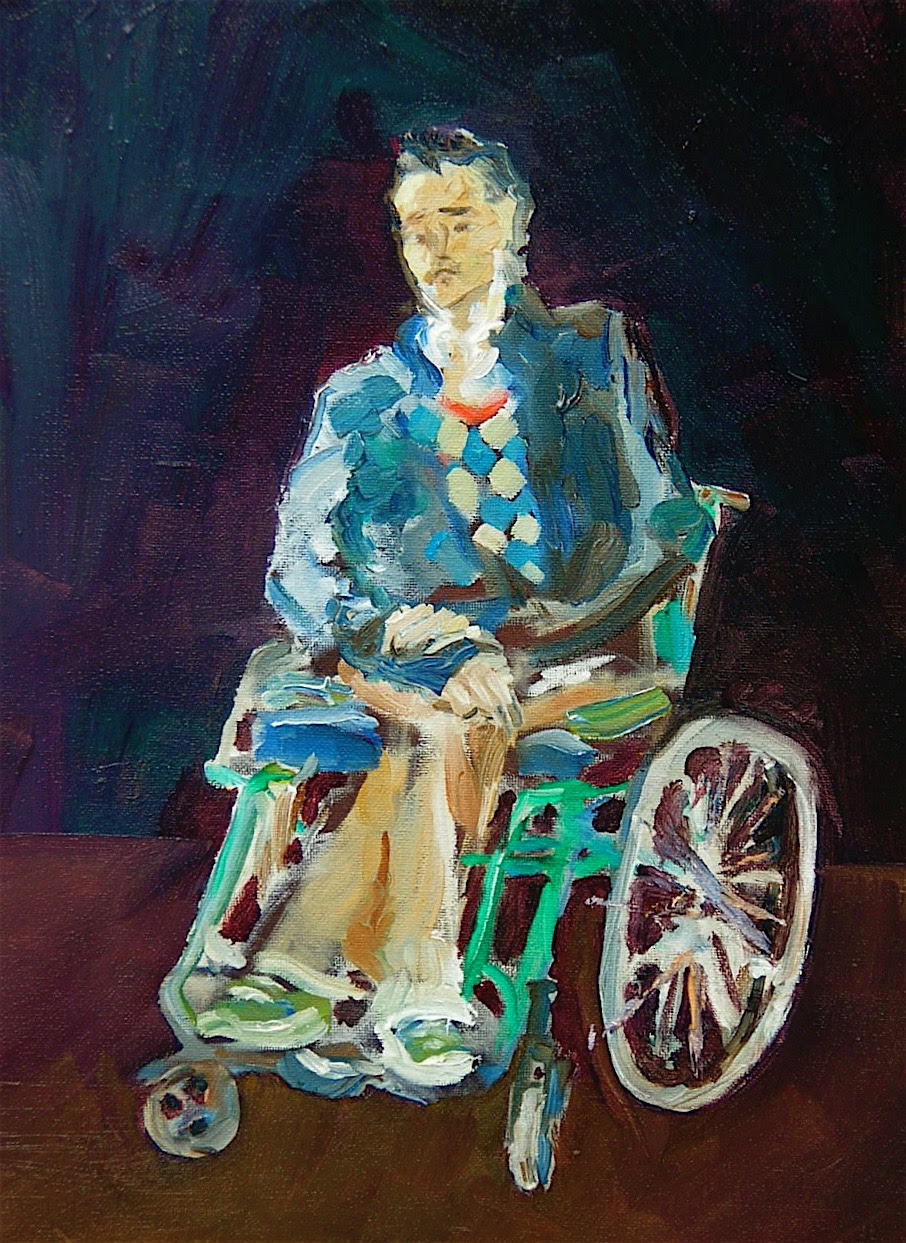 A painting showing a man in a blue jacket and beige trousers sitting in a wheelchair, his hands crossed. The floor beneath him is a gold-tinted mauve, the background purple and blue.