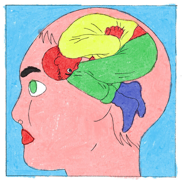 An illustration of a person’s head in which the brain is depicted as a person under mental stress.