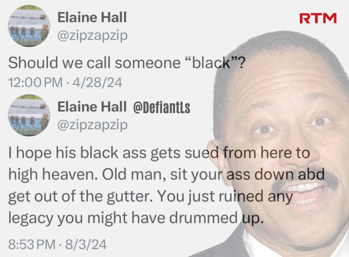 Hypocrite Elaine Hall complains about calling people "black" then does it herself.