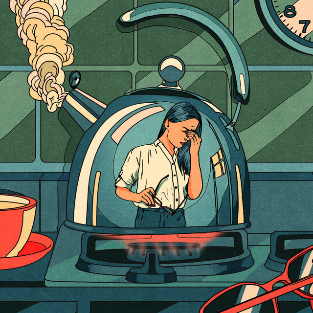 An illustration of a woman's reflection in a kettle on the stove. The woman has one hand to her forehead and holds red-framed glasses near her waist with the other. The gas burner is on, steam is rising from the kettle and a phone with a screen full of notifications sits nearby. 