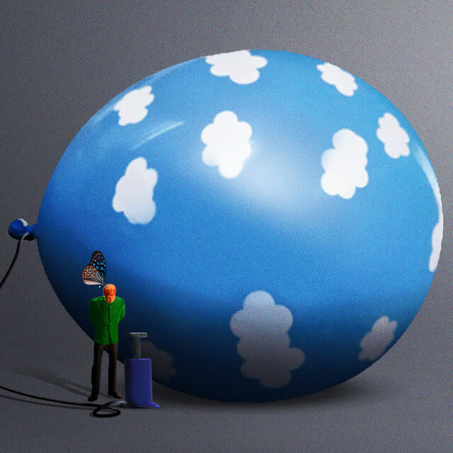 An illustration of a person standing at an air pump that is inflating an oversized balloon with blue sky and white clouds on a dark gray background. A butterfly sits on the person's shoulders. 