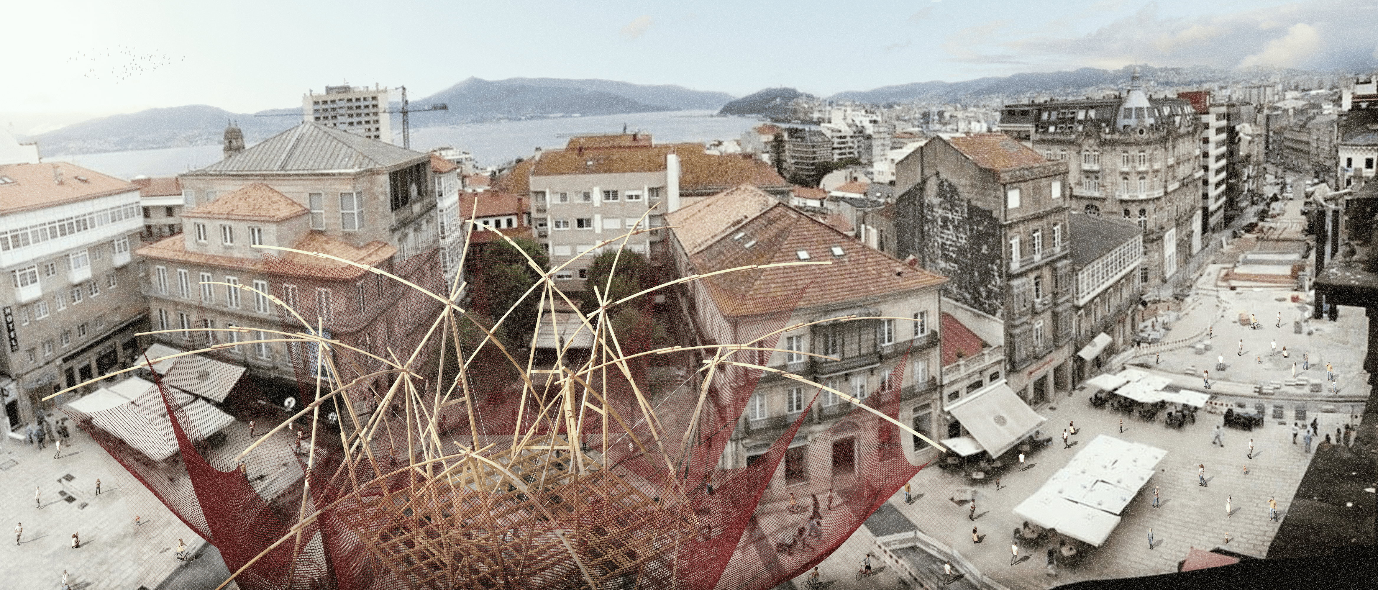 Simulación del pabellón ¡Qué Faena(r) en la Puerta del Sol de Vigo, de los arquitectos Óscar Cruz García y Pablo Paradinas Sastre