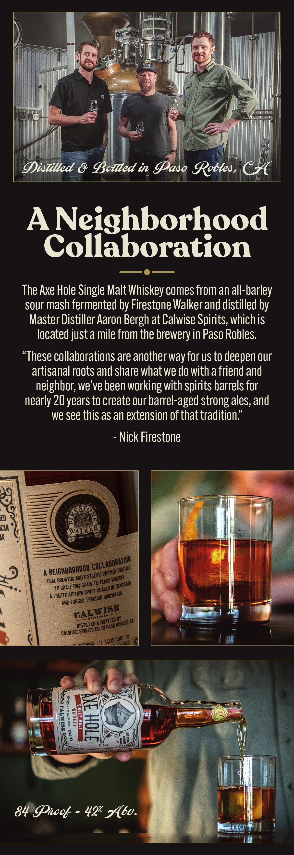 Subject: Discover the Axe Hole Single Malt Whiskey - A Unique Neighborhood Collaboration!  Image Description: The email features the Axe Hole Single Malt Whiskey collaboration between Firestone Walker and Calwise Spirits. At the top, a photo shows two individuals, likely Nick Firestone and Master Distiller Aaron Bergh, standing proudly in a distillery with the caption "Distilled & Bottled in Paso Robles, CA."  The text introduces the collaboration, explaining that the whiskey is crafted from an all-barley sour mash fermented by Firestone Walker and distilled by Bergh at Calwise Spirits. Nick Firestone is quoted, emphasizing the deepening of their artisanal roots and the extension of their barrel-aged tradition.  Below, images of the whiskey bottle, a glass of the whiskey, and the label detail are shown. Aaron Bergh’s quote describes the whiskey's flavor profile, likening it to a bourbon with vanilla and caramel notes from the charred American oak.  The email notes that only 100 cases were produced and are available for $75 at the Calwise Spirits tasting room and online. A "Buy Now" button at the bottom invites recipients to make a purchase. The final image shows Bergh and Firestone together, holding a bottle of the whiskey in a welcoming, friendly setting.