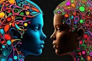 An illustration showing two silhouettes of adolescent heads in profile, one with a jumble of colorful, chaotic shapes inside representing untreated ADHD, and the other with neatly organized shapes representing the effects of medication.