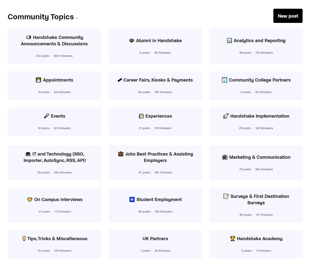 Handshake's community topic boards.
