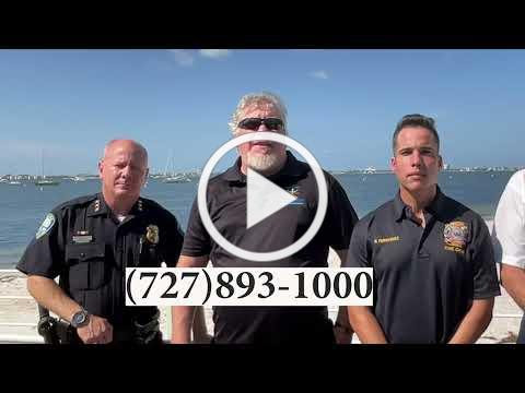 Picture of the City Mayor, Police Chief and Fire Chief on Gulfport Beach. Phone number 727-893-1000.