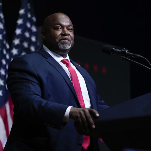 FILE - North Carolina Lt. Gov. Mark Robinson speaks before Republican presidential nominee former President Donald Trump at a campaign rally in Asheville, N.C., Aug. 14, 2024. (AP Photo/Matt Rourke, File)