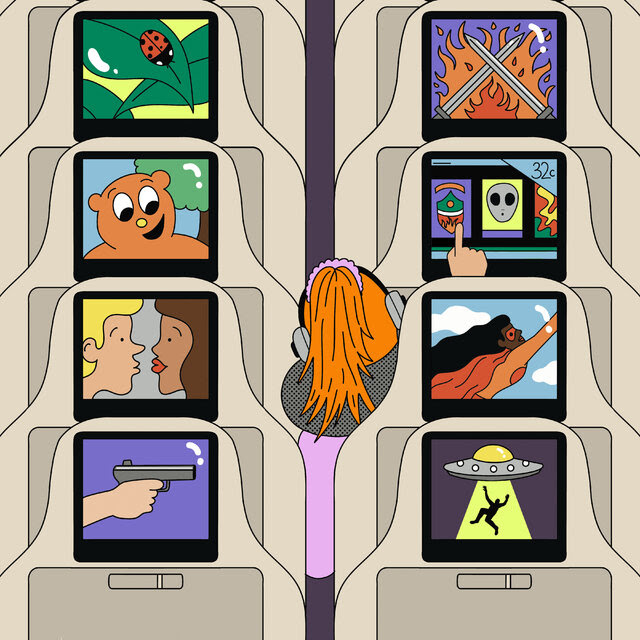 A vector illustration shows two rows of airplane seat backs. Each seat back has a different movie playing on its screen, such as superhero movie, a romance movie and a kid’s movie. One passenger, wearing a purple top, neck pillow and headphones, leans to the side, observing what her fellow passengers are watching while scrolling through entertainment offerings on her own screen. 