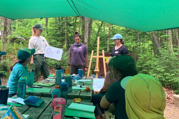 Seven young white adults gathered at an outdoor table in teh woods with printed materials.