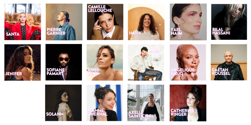 Amel Bent, Amir, Angélique Kidjo, Axelle Saint-Cirel, Bilal Hassani, Camille Lellouche, Catherine Ringer, Gaëtan Roussel, Hatik, Jeanne Cherhal, Jenifer,  Santa, Sofiane Pamart, Solann et Yael Naim