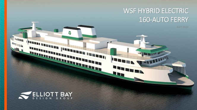 Rendering of a white and green hybrid electric 160-auto ferry on water.