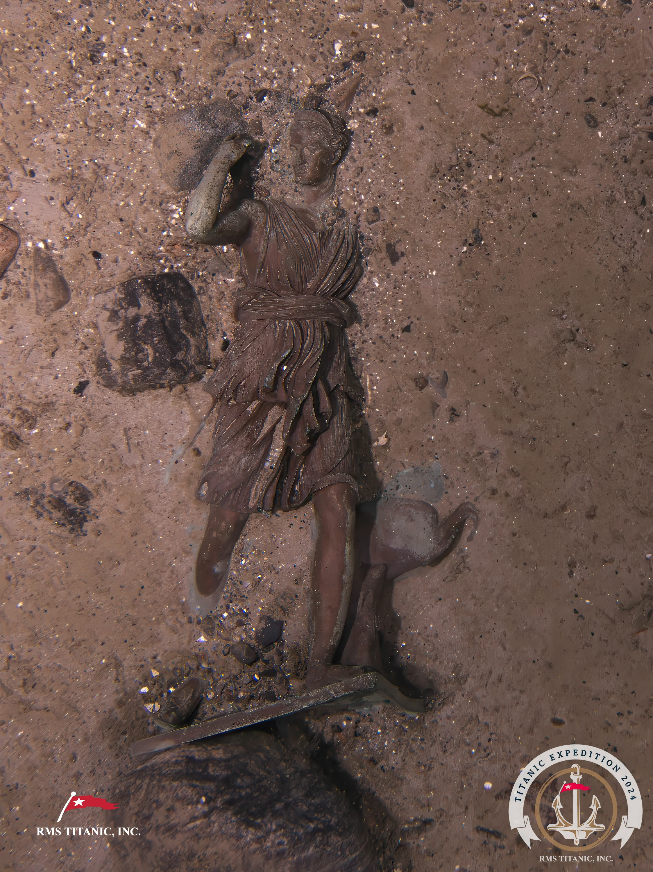 This image released Monday shows the bronze statue ''Diana of Versaille'' from the Titanic photographed this summer by a company with salvage rights to the wreck site on its first expedition there in many years. (RMS Titanic Inc. via AP).