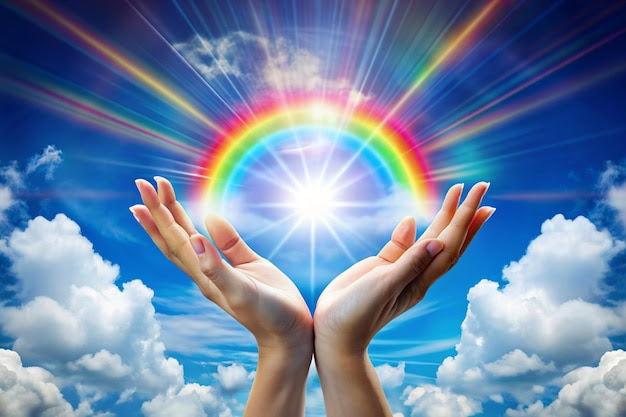 Magical love healing universal energy rainbow heart hands ...