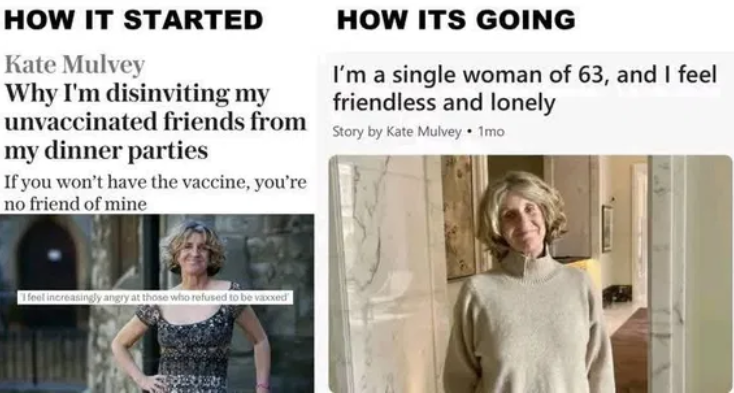 Hypocrite Kate Mulvey who says the unvaxxed are not her friends then laments that she has no friends.