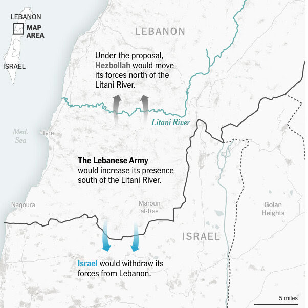 A map shows the possible patterns of withdrawal for Israel and Hezbollah in southern Lebanon.