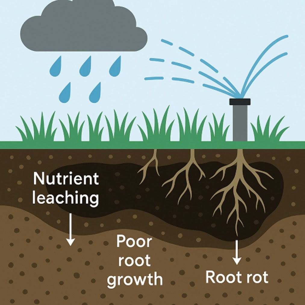 Image of cloud raining on grass. Underground, shows roots.  There are 3 labels, nutrient leaching, poor root growth and root.