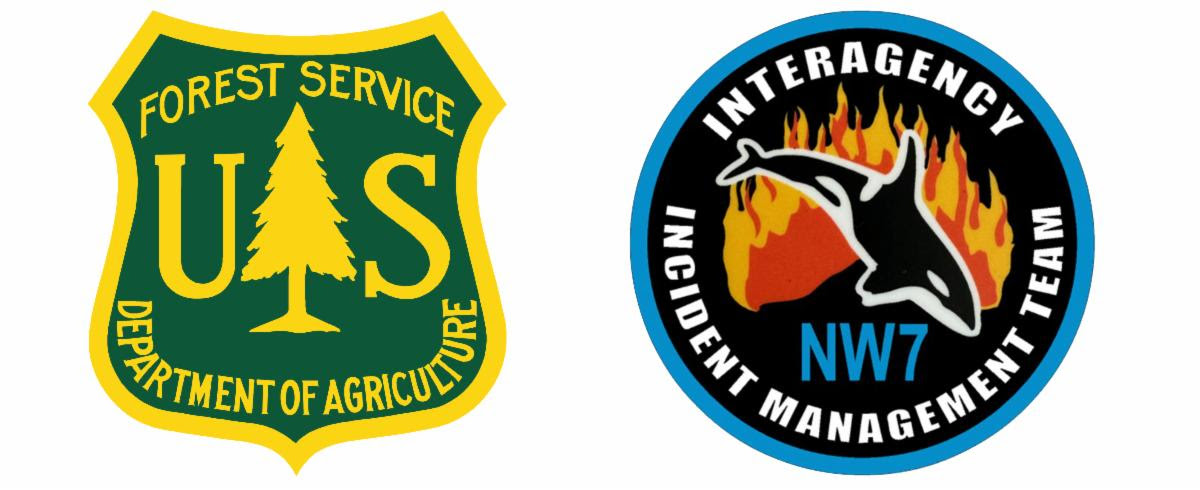 Two logos one for the US Forest Service and the other for Interagency IMT NW7 Team with an orca whale on it and flames.