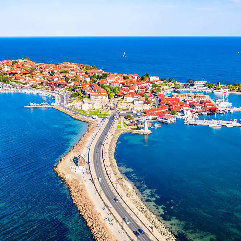 Aerial View Of Nessebar, An Ancient City On An Islet Surrounded By The Black Sea In Bulgaria, Balkan Peninsula, South Eastern Europe